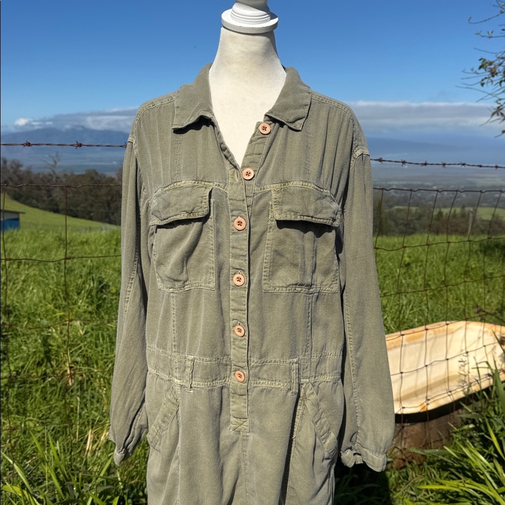 Free People Beyond Horizons Harem Shortall Romper Khaki Utilly Linen blend Small - Picture 6 of 8